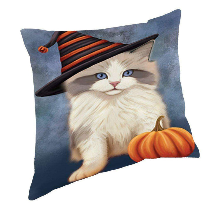 Happy Halloween Ragdoll Kitten Cat Wearing Witch Hat with Pumpkin Throw Pillow D132