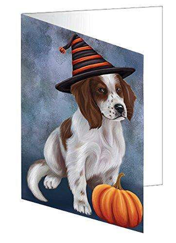 Happy Halloween Red And White Irish Setter Puppy Dog Wearing Witch Hat with Pumpkin Handmade Artwork Assorted Pets Greeting Cards and Note Cards with Envelopes for All Occasions and Holiday Seasons D062