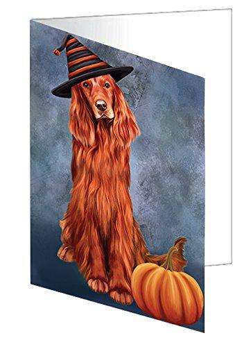 Happy Halloween Red Irish Setter Dog Wearing Witch Hat with Pumpkin Handmade Artwork Assorted Pets Greeting Cards and Note Cards with Envelopes for All Occasions and Holiday Seasons D064