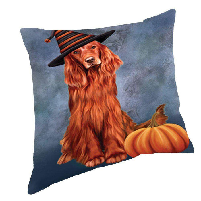 Happy Halloween Red Irish Setter Dog Wearing Witch Hat with Pumpkin Throw Pillow D135