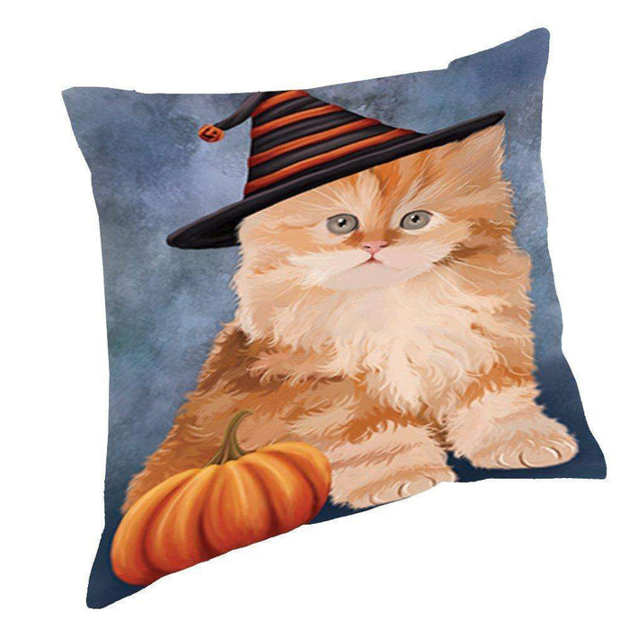 Happy Halloween Red Persian Kitten Cat Wearing Witch Hat with Pumpkin Throw Pillow D138