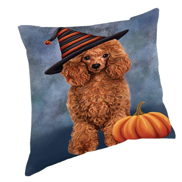 Happy Halloween Red Poodle Dog Wearing Witch Hat with Pumpkin Throw Pillow D139