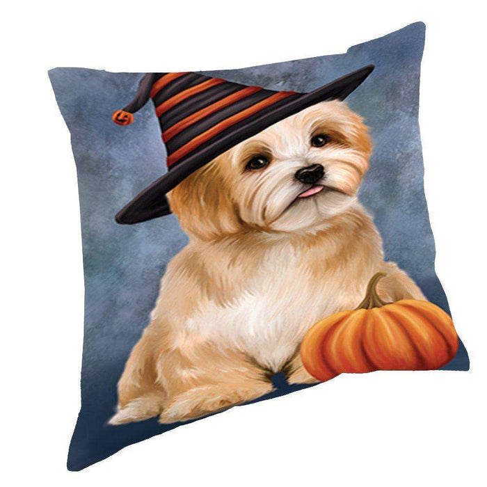 Happy Halloween Reddish Havanese Dog Wearing Witch Hat with Pumpkin Throw Pillow D141