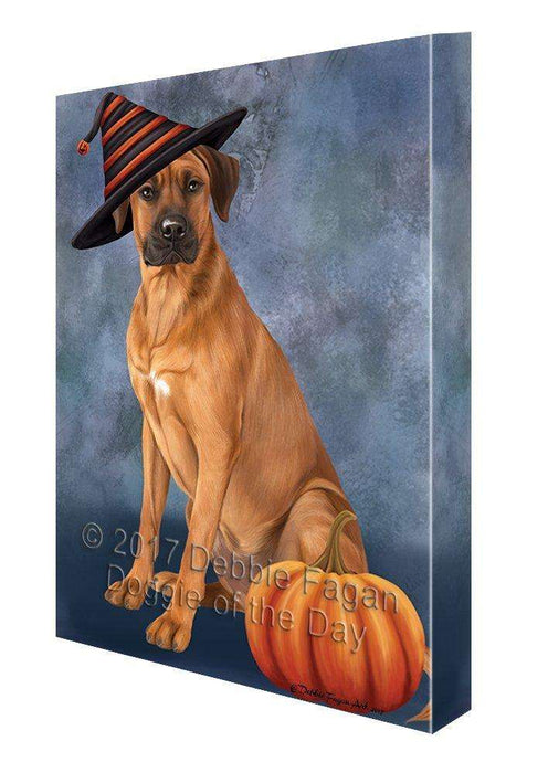 Happy Halloween Rhodesian Ridgeback Dog Wearing Witch Hat with Pumpkin Canvas Wall Art