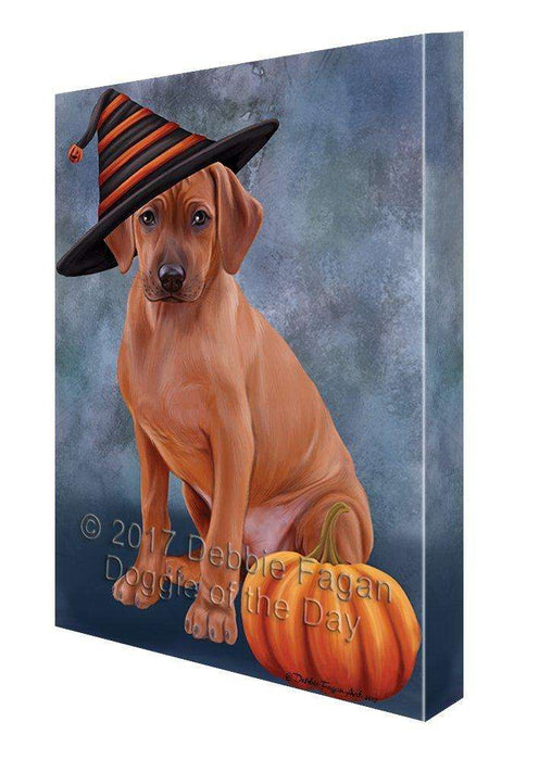 Happy Halloween Rhodesian Ridgeback Dog Wearing Witch Hat with Pumpkin Canvas Wall Art