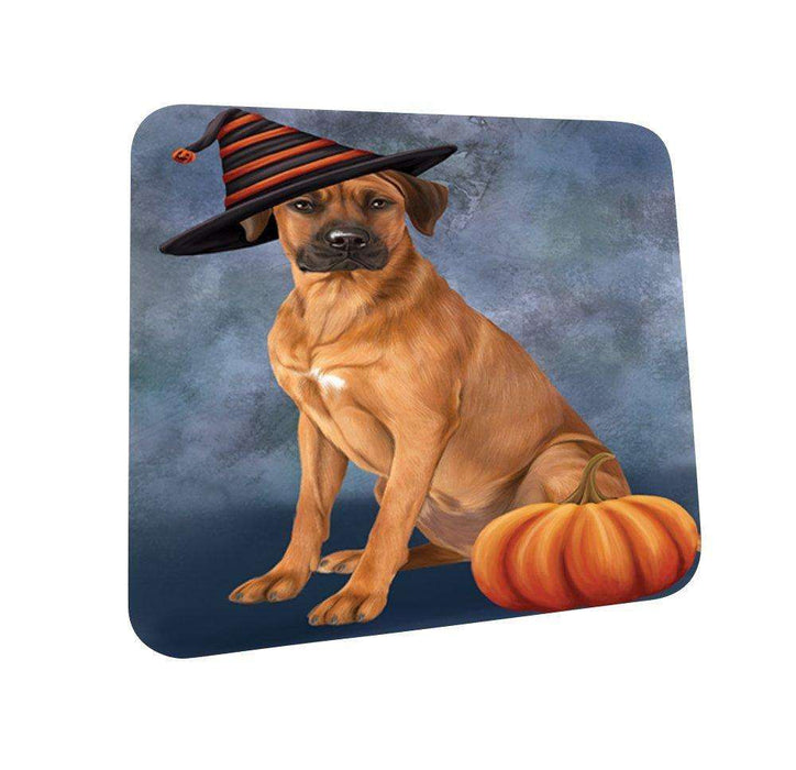 Happy Halloween Rhodesian Ridgeback Dog Wearing Witch Hat with Pumpkin Coasters Set of 4