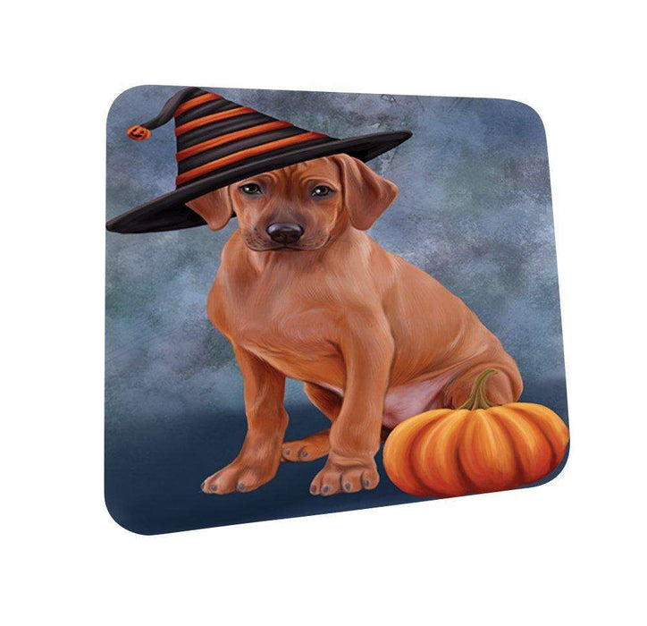 Happy Halloween Rhodesian Ridgeback Dog Wearing Witch Hat with Pumpkin Coasters Set of 4