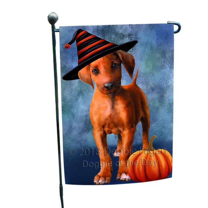 Happy Halloween Rhodesian Ridgeback Dog Wearing Witch Hat with Pumpkin Garden Flag GFLG54961