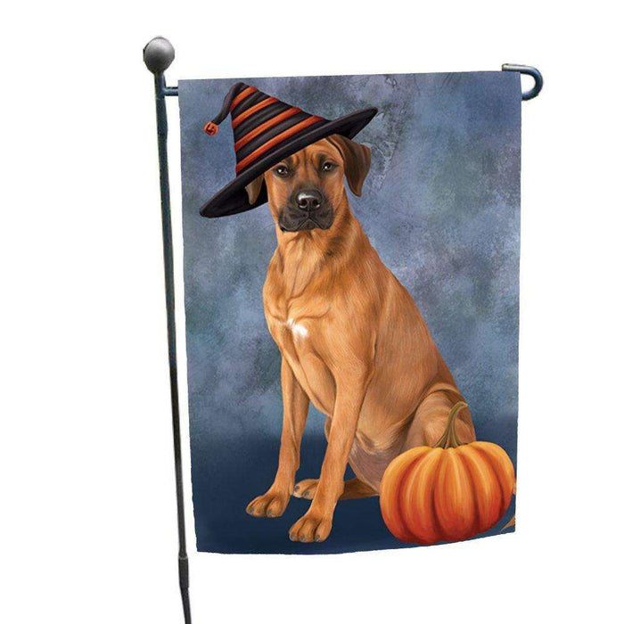 Happy Halloween Rhodesian Ridgeback Dog Wearing Witch Hat with Pumpkin Garden Flag