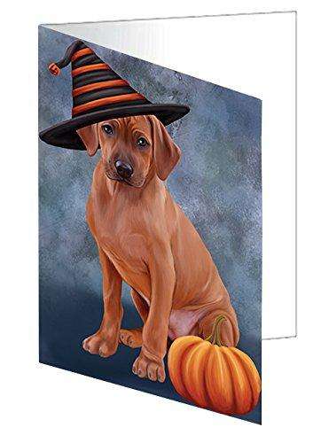 Happy Halloween Rhodesian Ridgeback Dog Wearing Witch Hat with Pumpkin Handmade Artwork Assorted Pets Greeting Cards and Note Cards with Envelopes for All Occasions and Holiday Seasons