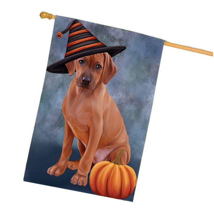 Happy Halloween Rhodesian Ridgeback Dog Wearing Witch Hat with Pumpkin House Flag