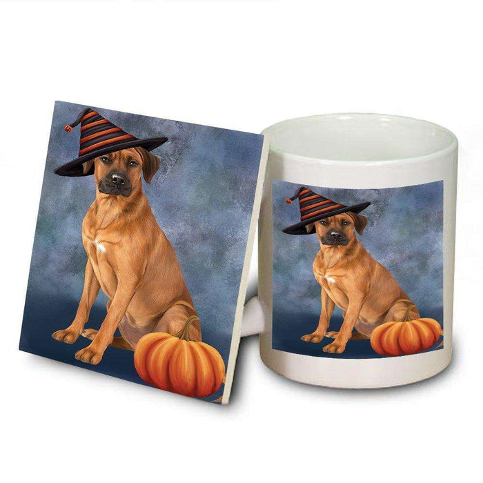 Happy Halloween Rhodesian Ridgeback Dog Wearing Witch Hat with Pumpkin Mug and Coaster Set