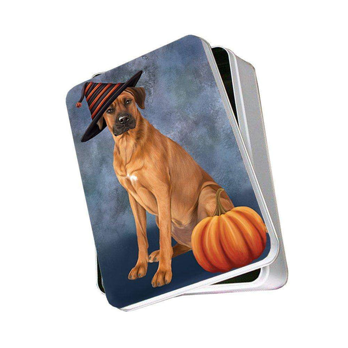 Happy Halloween Rhodesian Ridgeback Dog Wearing Witch Hat with Pumpkin Photo Storage Tin