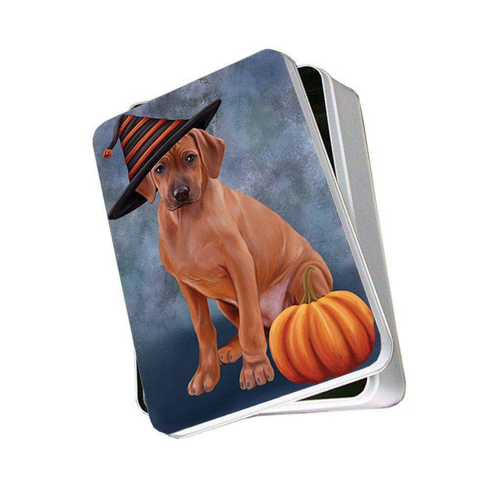 Happy Halloween Rhodesian Ridgeback Dog Wearing Witch Hat with Pumpkin Photo Storage Tin