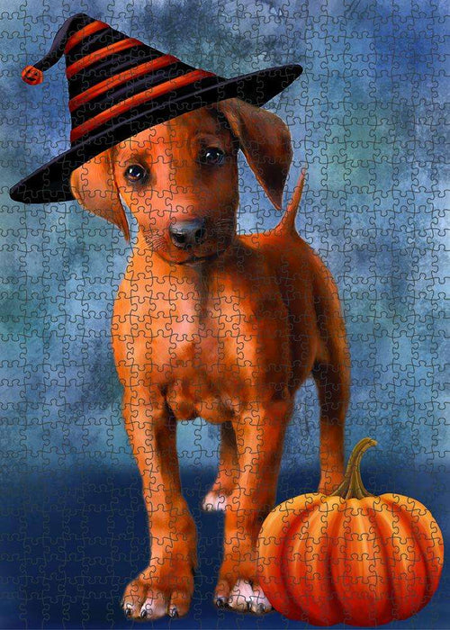 Happy Halloween Rhodesian Ridgeback Dog Wearing Witch Hat with Pumpkin Puzzle with Photo Tin PUZL86752