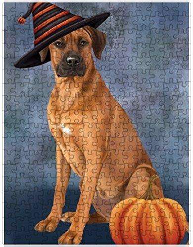 Happy Halloween Rhodesian Ridgeback Dog Wearing Witch Hat with Pumpkin Puzzle with Photo Tin