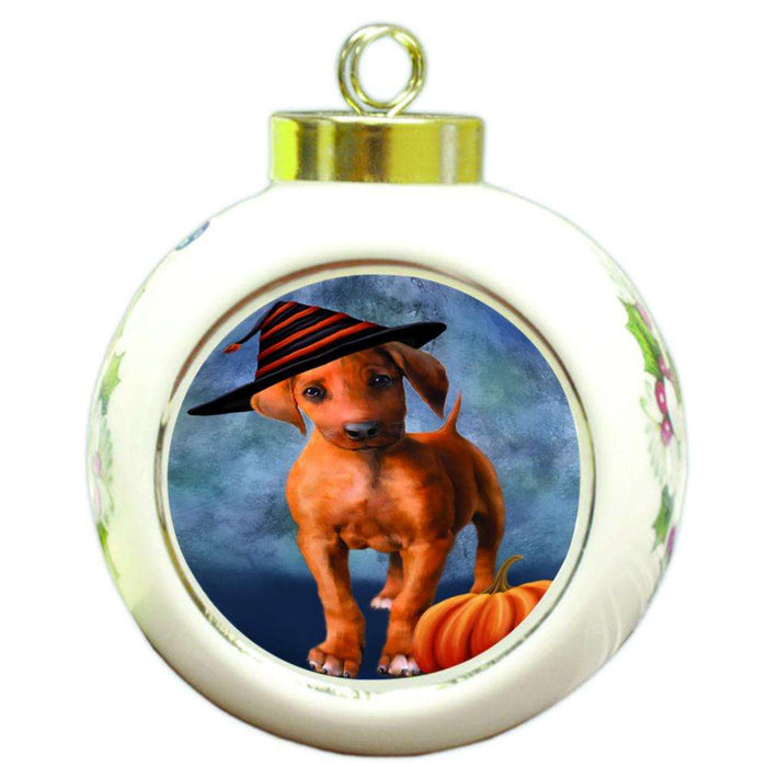 Happy Halloween Rhodesian Ridgeback Dog Wearing Witch Hat with Pumpkin Round Ball Christmas Ornament RBPOR54899