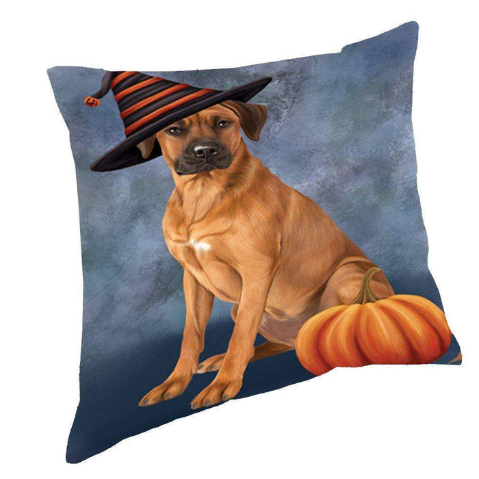 Happy Halloween Rhodesian Ridgeback Dog Wearing Witch Hat with Pumpkin Throw Pillow