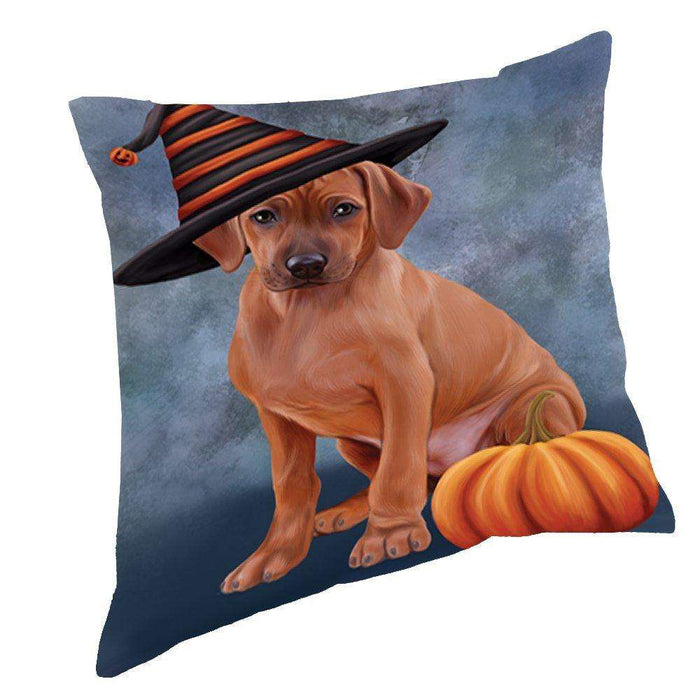 Happy Halloween Rhodesian Ridgeback Dog Wearing Witch Hat with Pumpkin Throw Pillow