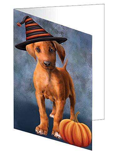 Happy Halloween Rhodesian Ridgeback Puppy Dog Wearing Witch Hat with Pumpkin Handmade Artwork Assorted Pets Greeting Cards and Note Cards with Envelopes for All Occasions and Holiday Seasons D071