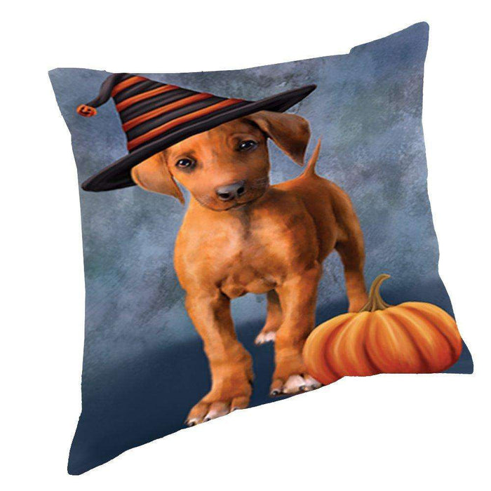 Happy Halloween Rhodesian Ridgeback Puppy Dog Wearing Witch Hat with Pumpkin Throw Pillow D143
