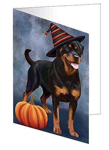 Happy Halloween Rottweiler Dog Wearing Witch Hat with Pumpkin Handmade Artwork Assorted Pets Greeting Cards and Note Cards with Envelopes for All Occasions and Holiday Seasons D073