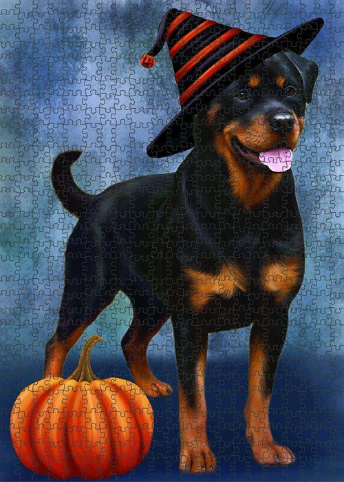 Happy Halloween Rottweiler Dog Wearing Witch Hat with Pumpkin Puzzle with Photo Tin PUZL86756