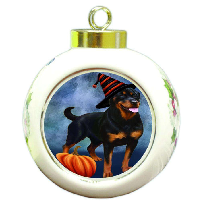 Happy Halloween Rottweiler Dog Wearing Witch Hat with Pumpkin Round Ball Christmas Ornament RBPOR54900