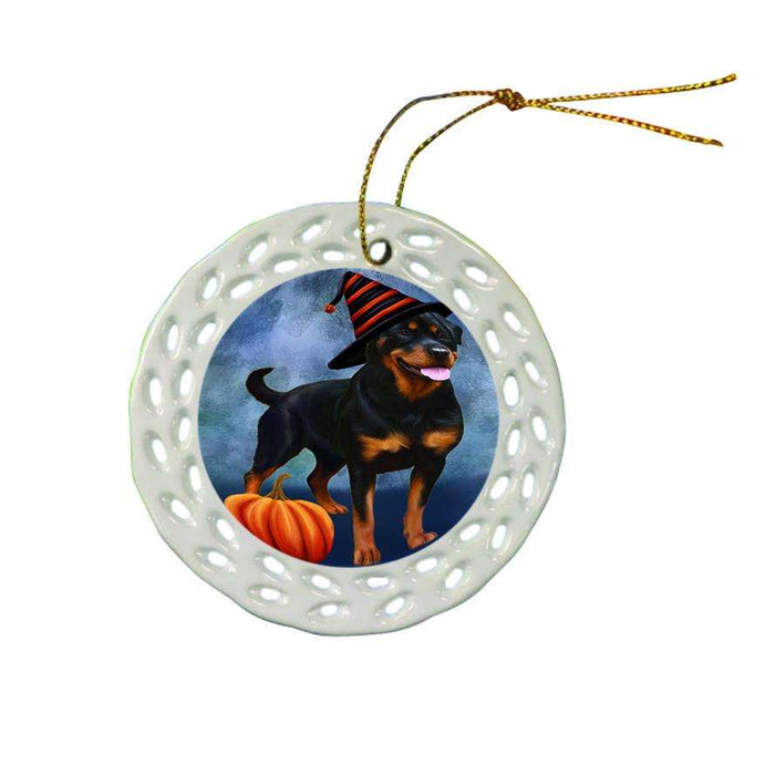 Happy Halloween Rottweiler Dog Wearing Witch Hat with Pumpkin Star Porcelain Ornament SPOR54891