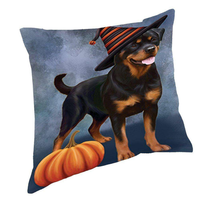 Happy Halloween Rottweiler Dog Wearing Witch Hat with Pumpkin Throw Pillow D145