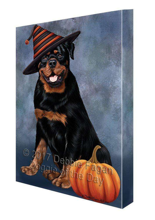 Happy Halloween Rottwieler Dog Wearing Witch Hat with Pumpkin Canvas Wall Art