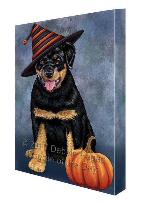 Happy Halloween Rottwieler Dog Wearing Witch Hat with Pumpkin Canvas Wall Art