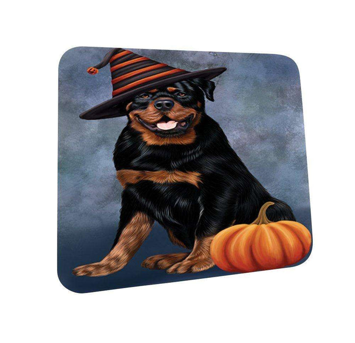 Happy Halloween Rottwieler Dog Wearing Witch Hat with Pumpkin Coasters Set of 4
