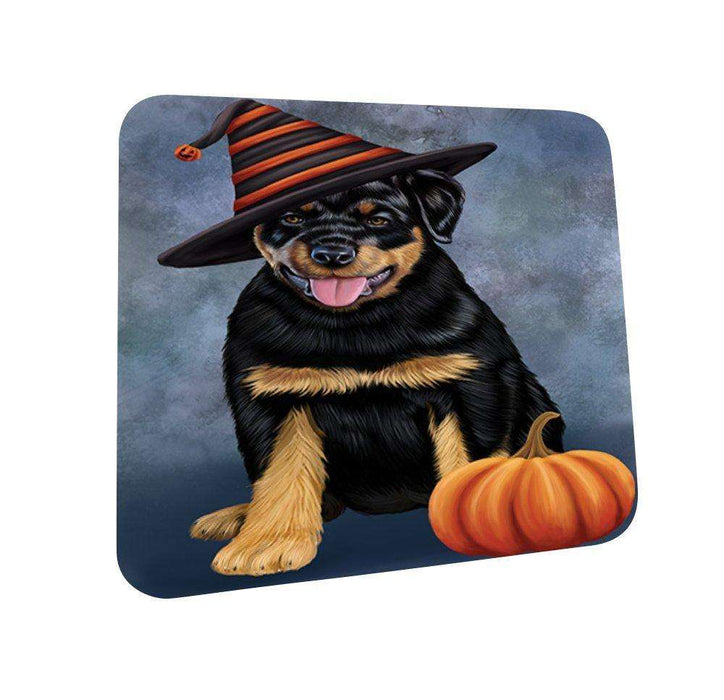Happy Halloween Rottwieler Dog Wearing Witch Hat with Pumpkin Coasters Set of 4