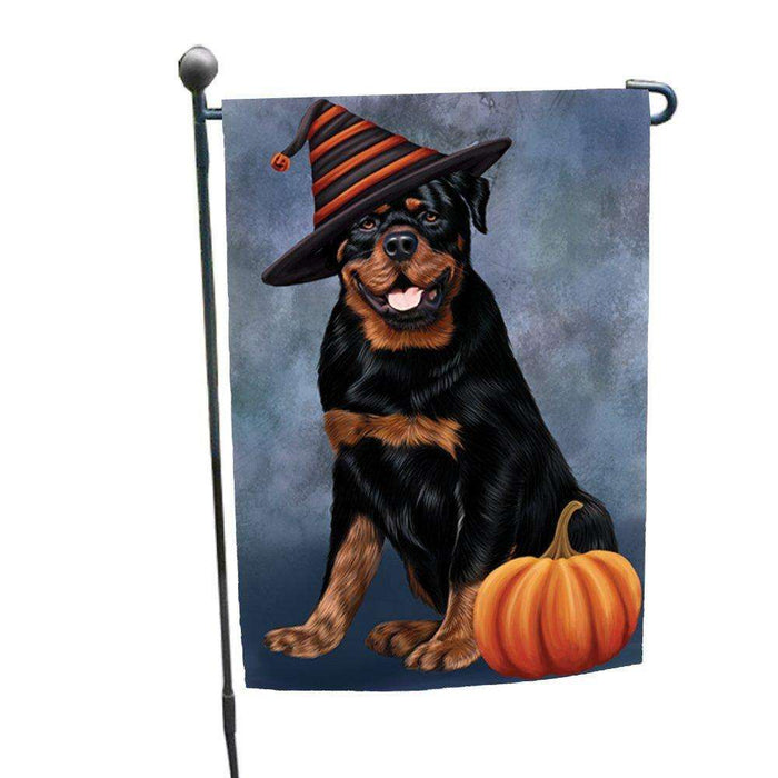 Happy Halloween Rottwieler Dog Wearing Witch Hat with Pumpkin Garden Flag
