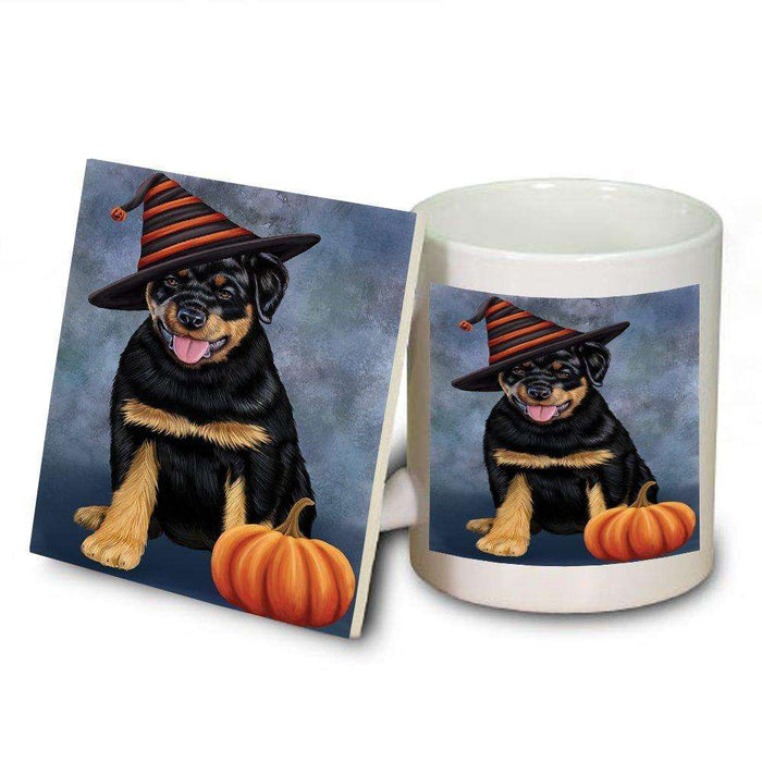 Happy Halloween Rottwieler Dog Wearing Witch Hat with Pumpkin Mug and Coaster Set