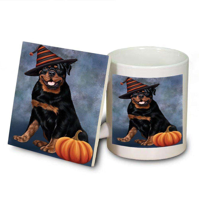 Happy Halloween Rottwieler Dog Wearing Witch Hat with Pumpkin Mug and Coaster Set