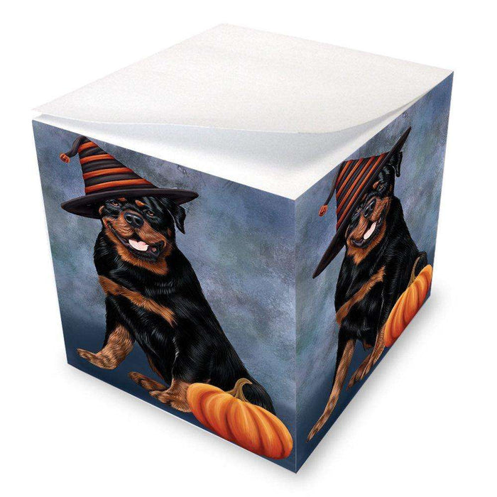 Happy Halloween Rottwieler Dog Wearing Witch Hat with Pumpkin Note Cube