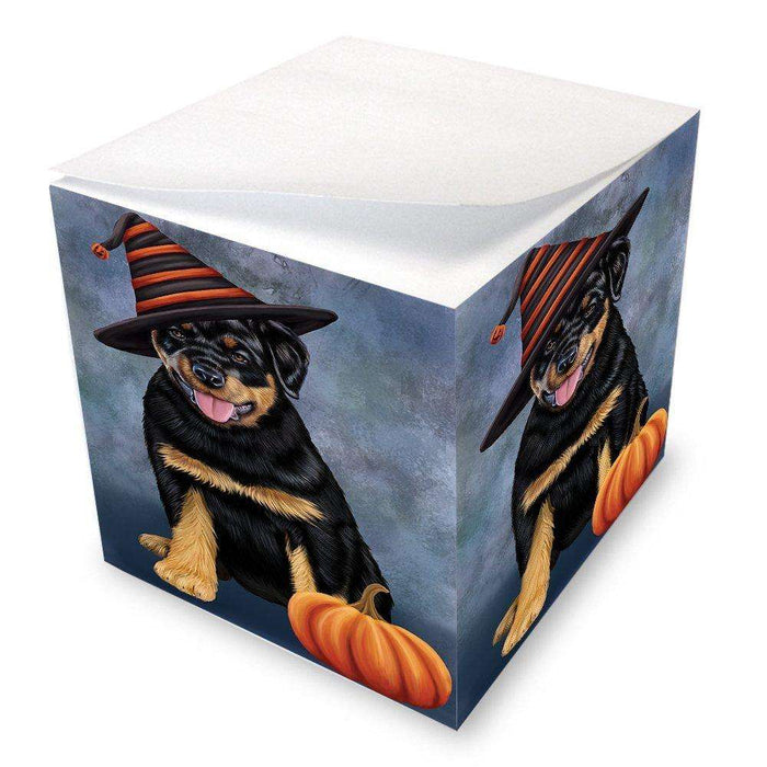 Happy Halloween Rottwieler Dog Wearing Witch Hat with Pumpkin Note Cube