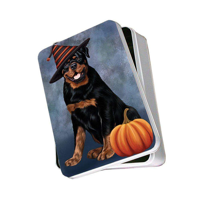 Happy Halloween Rottwieler Dog Wearing Witch Hat with Pumpkin Photo Storage Tin
