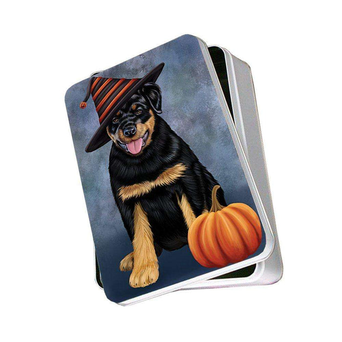 Happy Halloween Rottwieler Dog Wearing Witch Hat with Pumpkin Photo Storage Tin