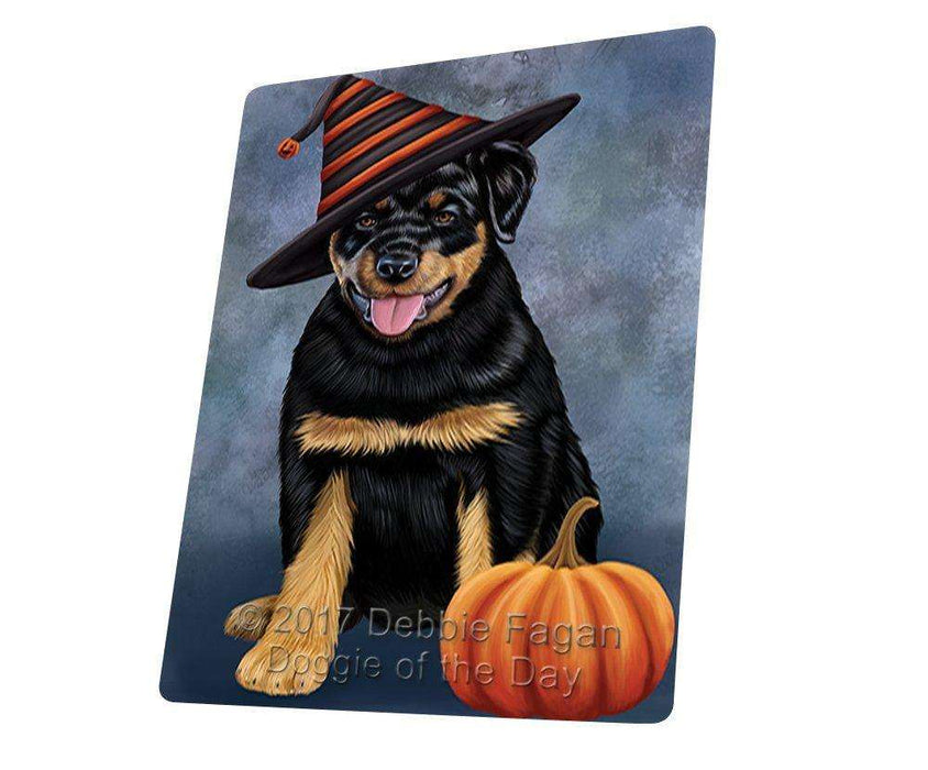 Happy Halloween Rottwieler Dog Wearing Witch Hat with Pumpkin Tempered Cutting Board