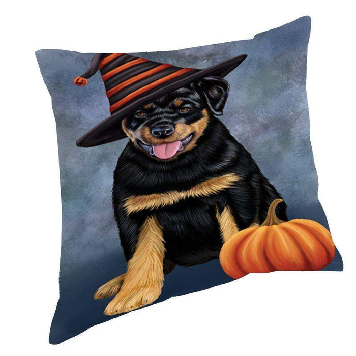 Happy Halloween Rottwieler Dog Wearing Witch Hat with Pumpkin Throw Pillow