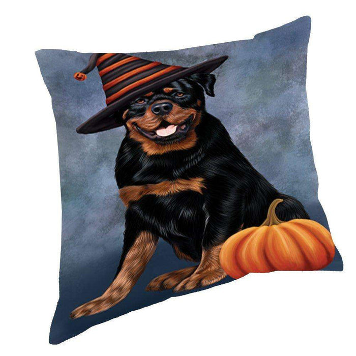 Happy Halloween Rottwieler Dog Wearing Witch Hat with Pumpkin Throw Pillow