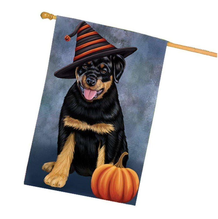 Happy Halloween Rottwielers Dog Wearing Witch Hat with Pumpkin House Flag