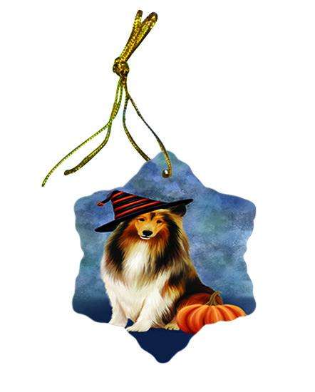 Happy Halloween Rough Collie Dog Wearing Witch Hat with Pumpkin Ceramic Doily Ornament DPOR54901
