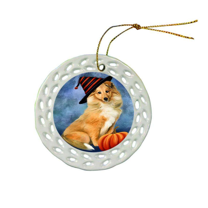 Happy Halloween Rough Collie Dog Wearing Witch Hat with Pumpkin Ceramic Doily Ornament DPOR55037