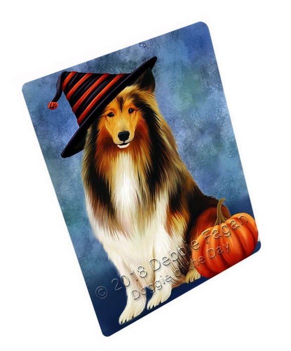Happy Halloween Rough Collie Dog Wearing Witch Hat with Pumpkin Cutting Board C69147