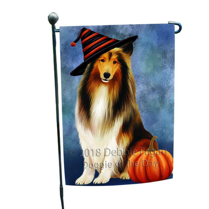 Happy Halloween Rough Collie Dog Wearing Witch Hat with Pumpkin Garden Flag GFLG54963