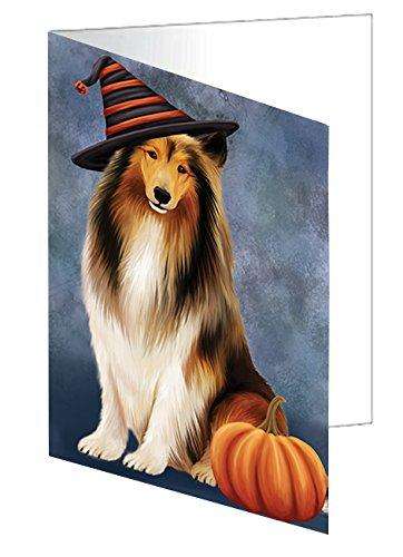 Happy Halloween Rough Collie Dog Wearing Witch Hat with Pumpkin Handmade Artwork Assorted Pets Greeting Cards and Note Cards with Envelopes for All Occasions and Holiday Seasons D075